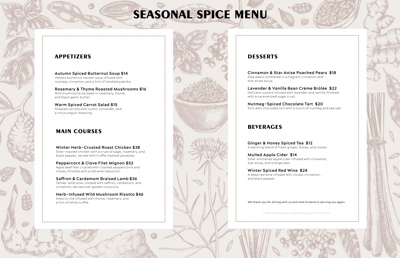 Sketch style restaurant menu design. Hand drawn spices vector illustration. Basil, galangal, cumin, cilantro, tumeric, lemongrass, lime sketches. Herbs background. NOT AI generated